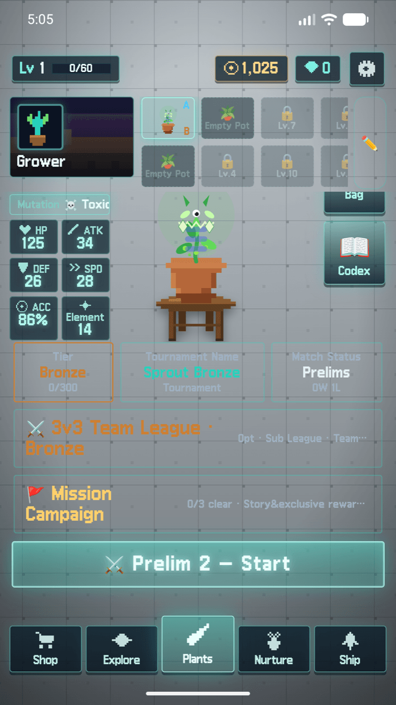 BloomStrike — growing a plant with stats and mutation traits