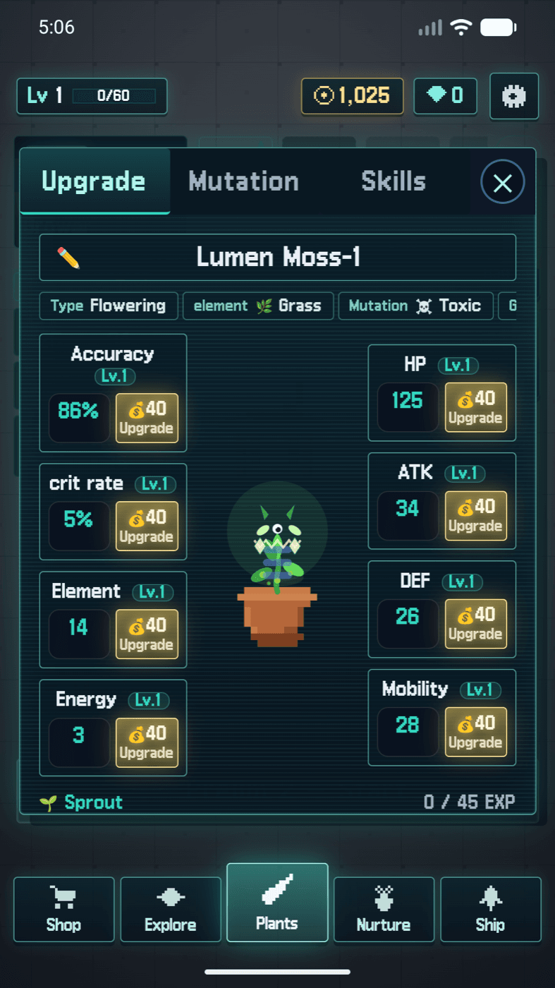 BloomStrike — upgrading a plant's abilities