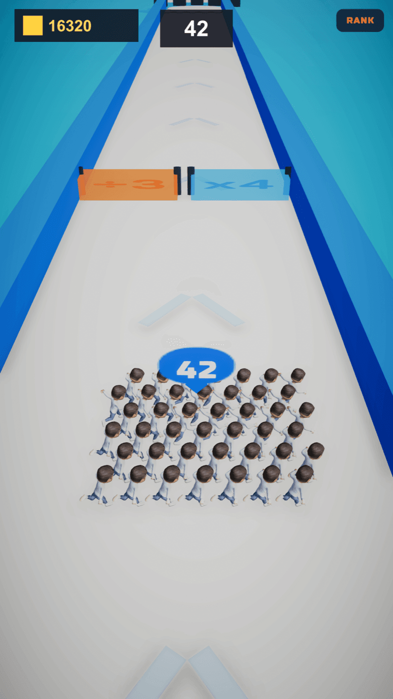 Blue vs Orange Runner — A ÷3 orange gate beside a ×4 blue gate